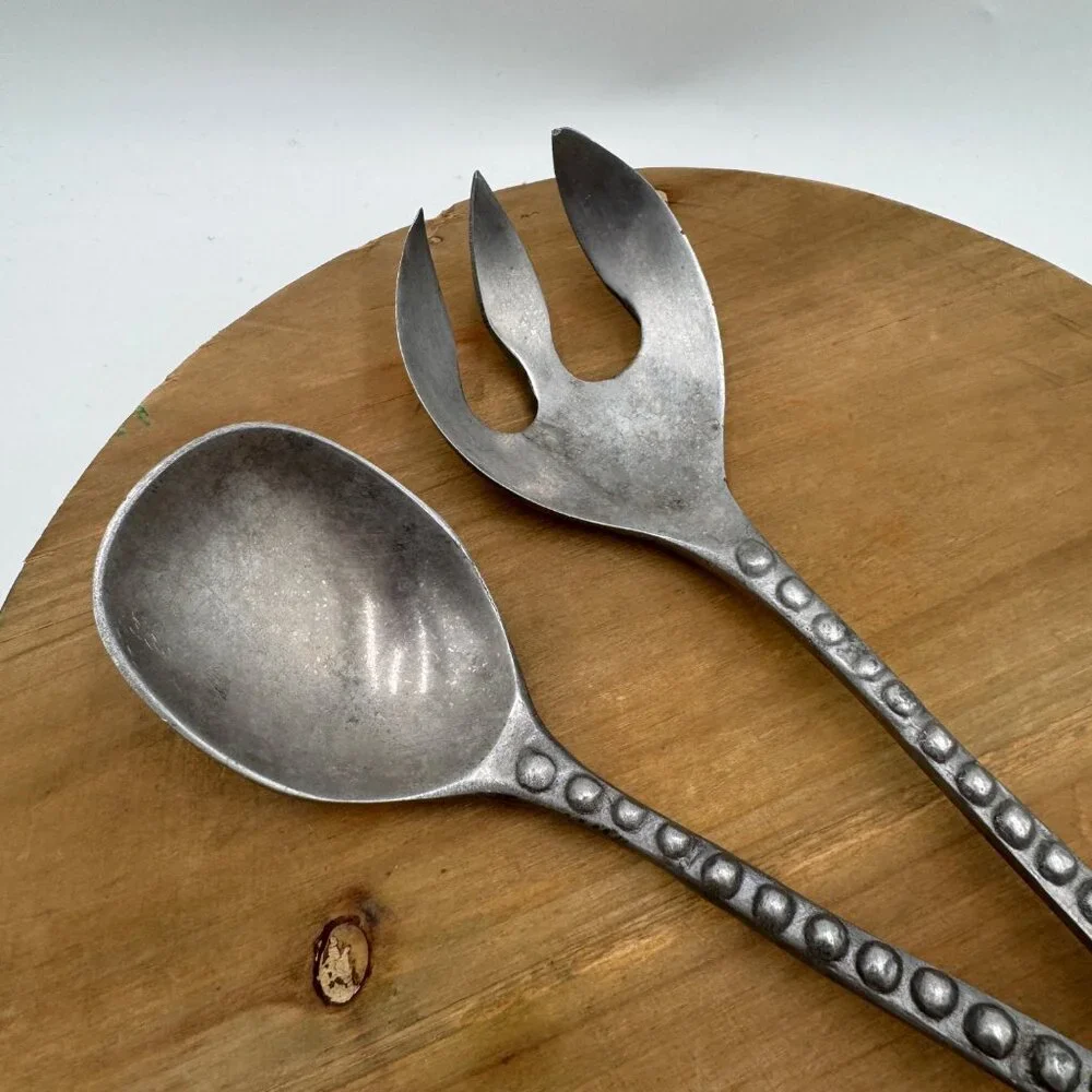 Vintage mid century modern pewter salad serve ware Table setting